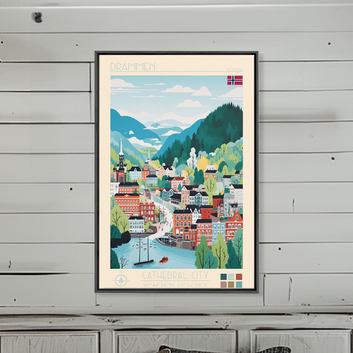 Drammen Norway Harbor Boats Forested Mountains Town View Poster