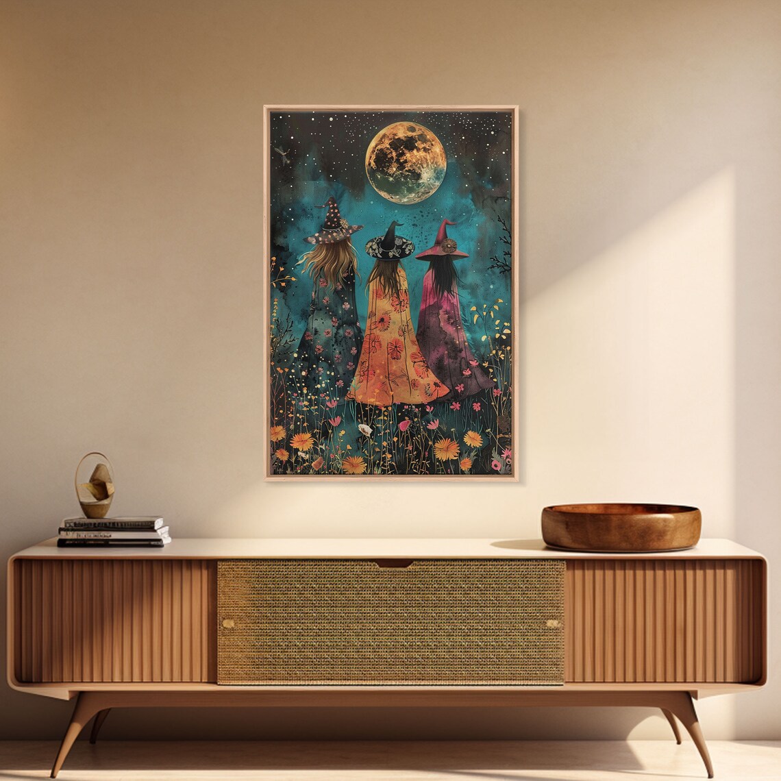 Three Witches Full Moon Night Painting Cottagecore Wildflowers Witchy Wall Art Poster - Image 3