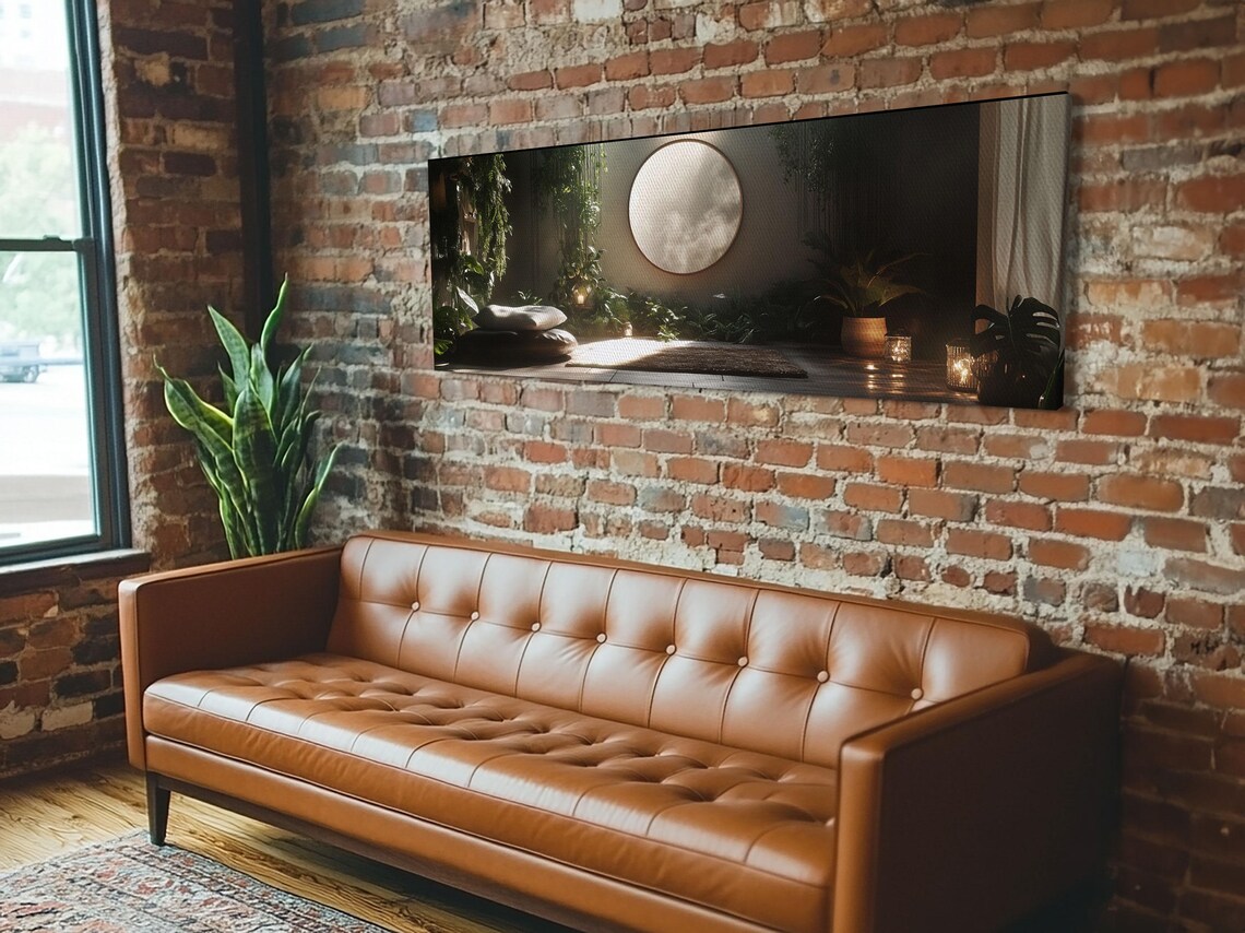 Zen Indoor Jungle Meditation Room Glowing Moon Window Panoramic Art Print - Image 2
