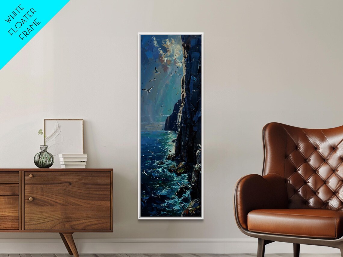 Seagulls Soaring Over Dark Ocean Cliffs Impasto Dramatic Seascape Poster - Image 2