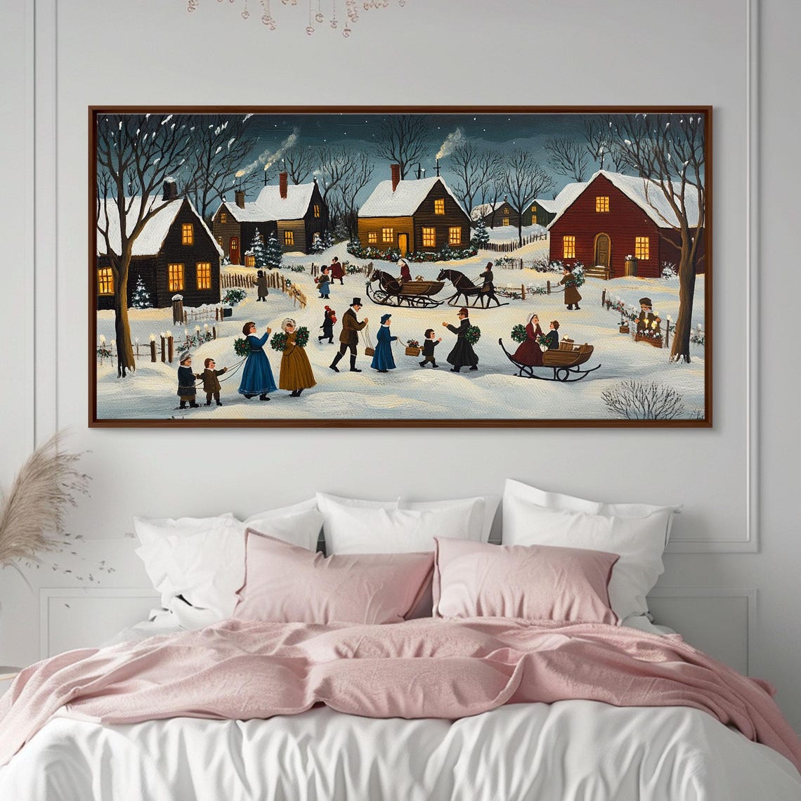 Colonial Christmas Village Sleigh Rides Folk Art Night Winter Print - Image 2