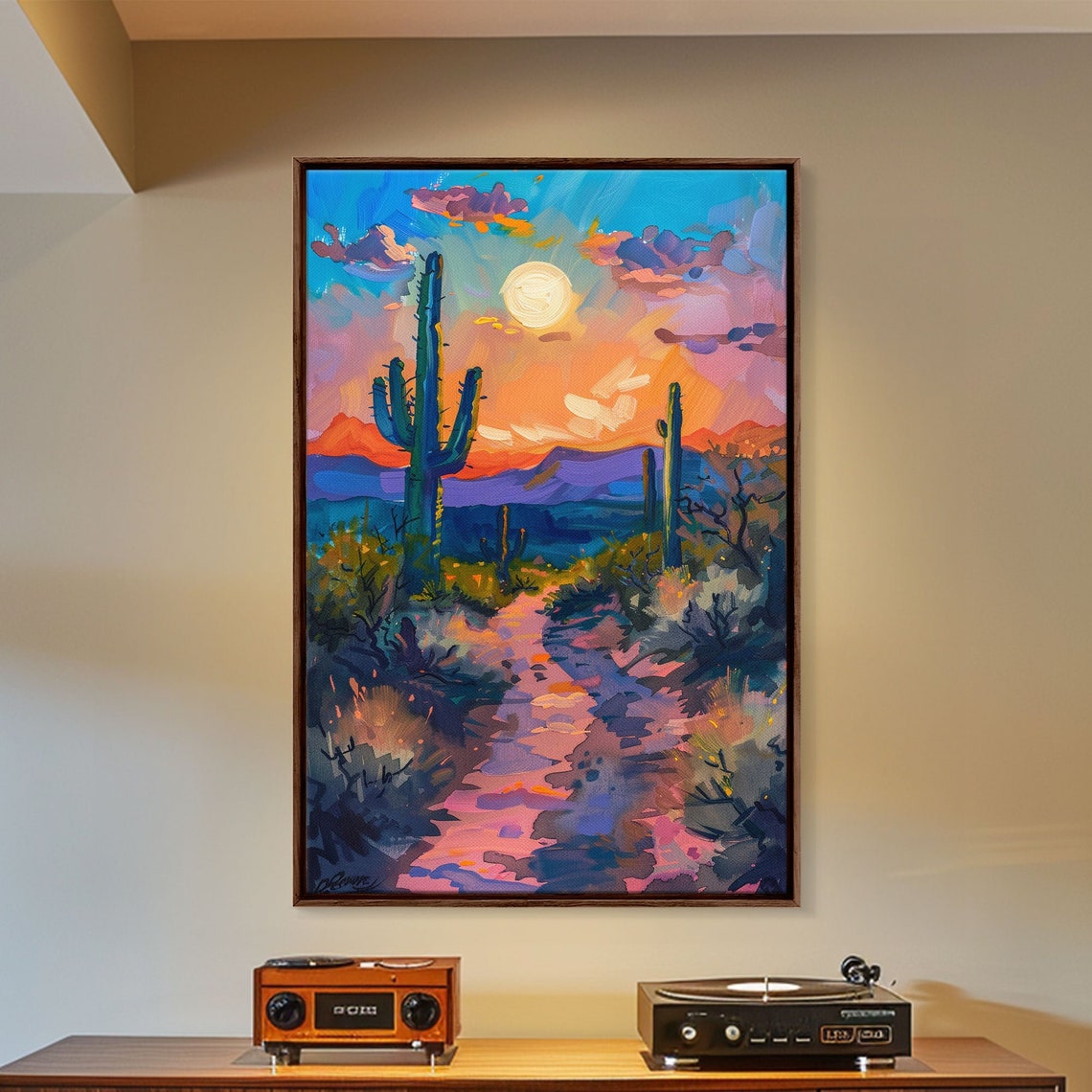 Colorful Desert Sunset With Saguaro Cacti Impressionist Art Poster - Image 4