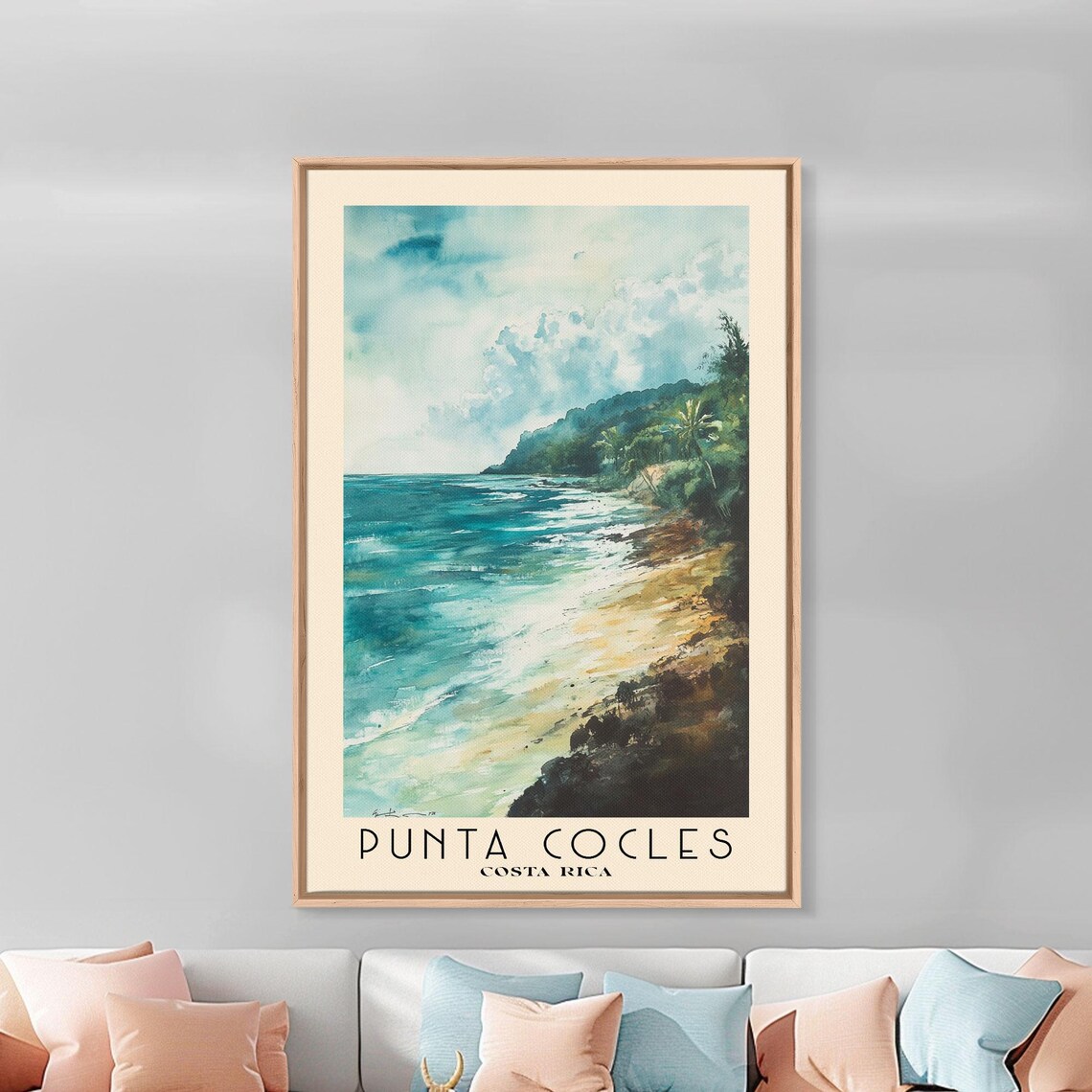 Punta Cocles Costa Rica Sandy Beach Green Hills Turquoise Surf Watercolor Poster - Image 3