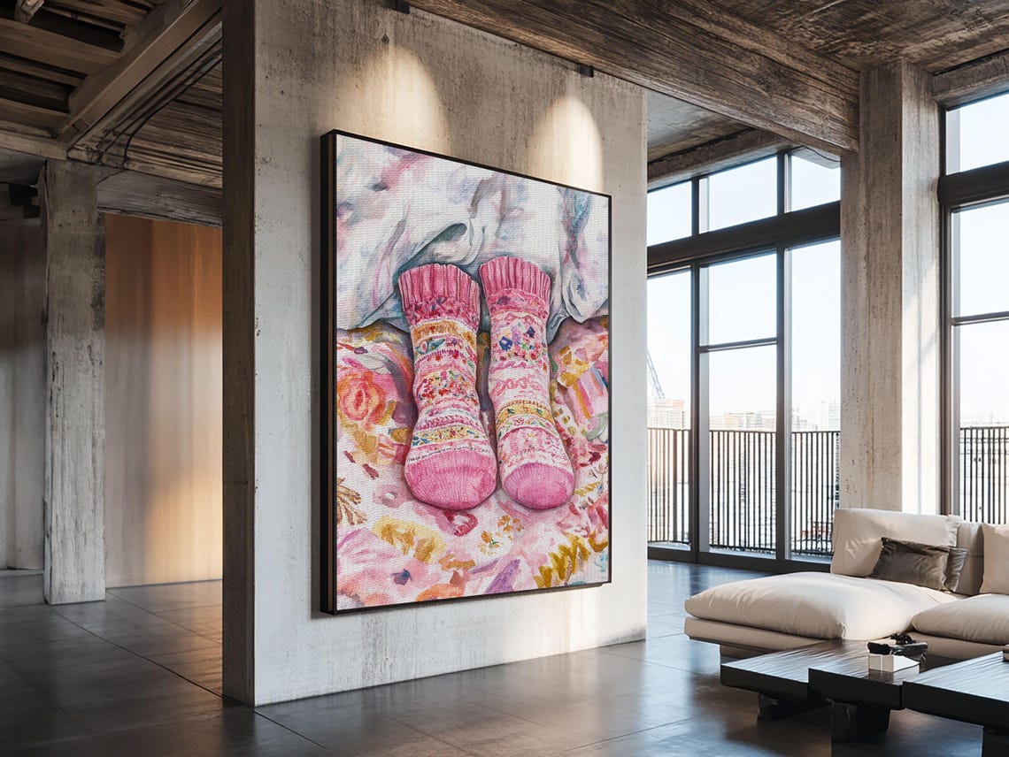 Cozy Pink Socks Watercolor Patterned Knit Winter Bedroom Art Poster - Image 6