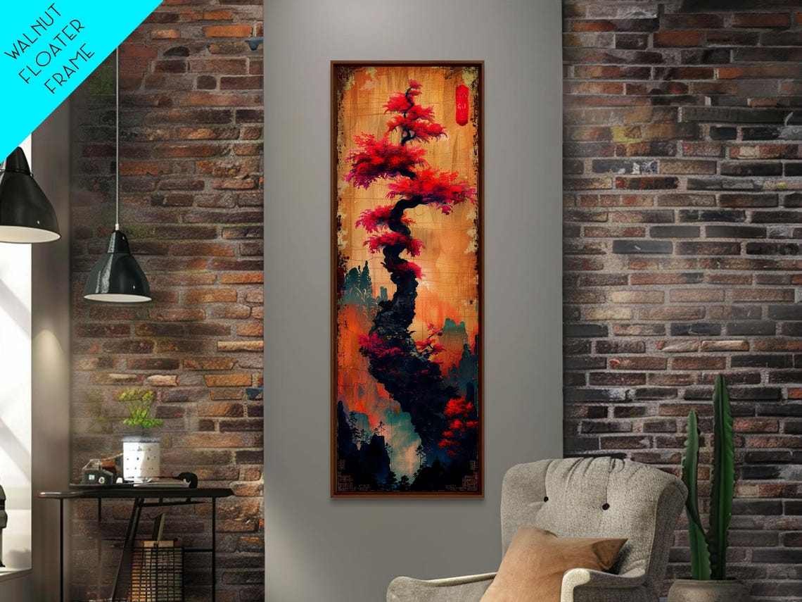 Bonsai Pine With Vivid Red Foliage On Gold Gradient Ukiyo E Art Poster - Image 3