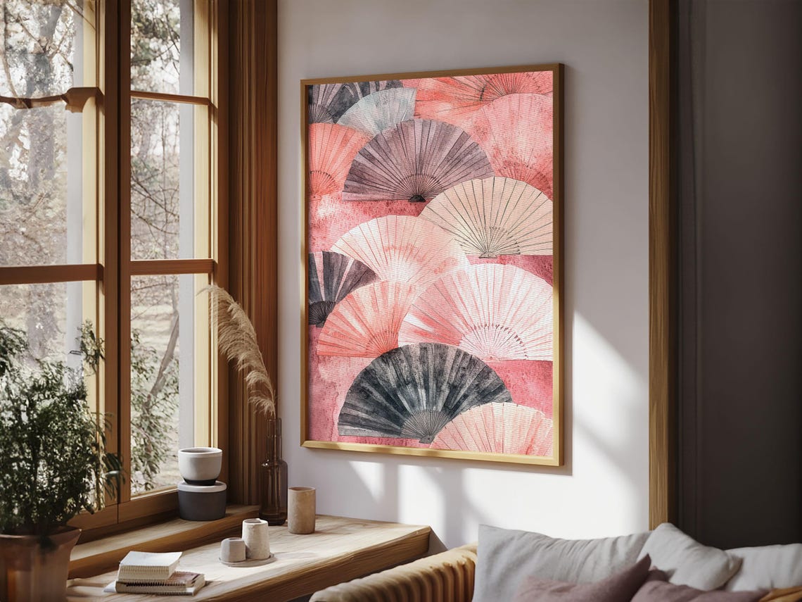 Pink Floral Folding Fans Japanese Chinoiserie Elegant Decor Wall Art
