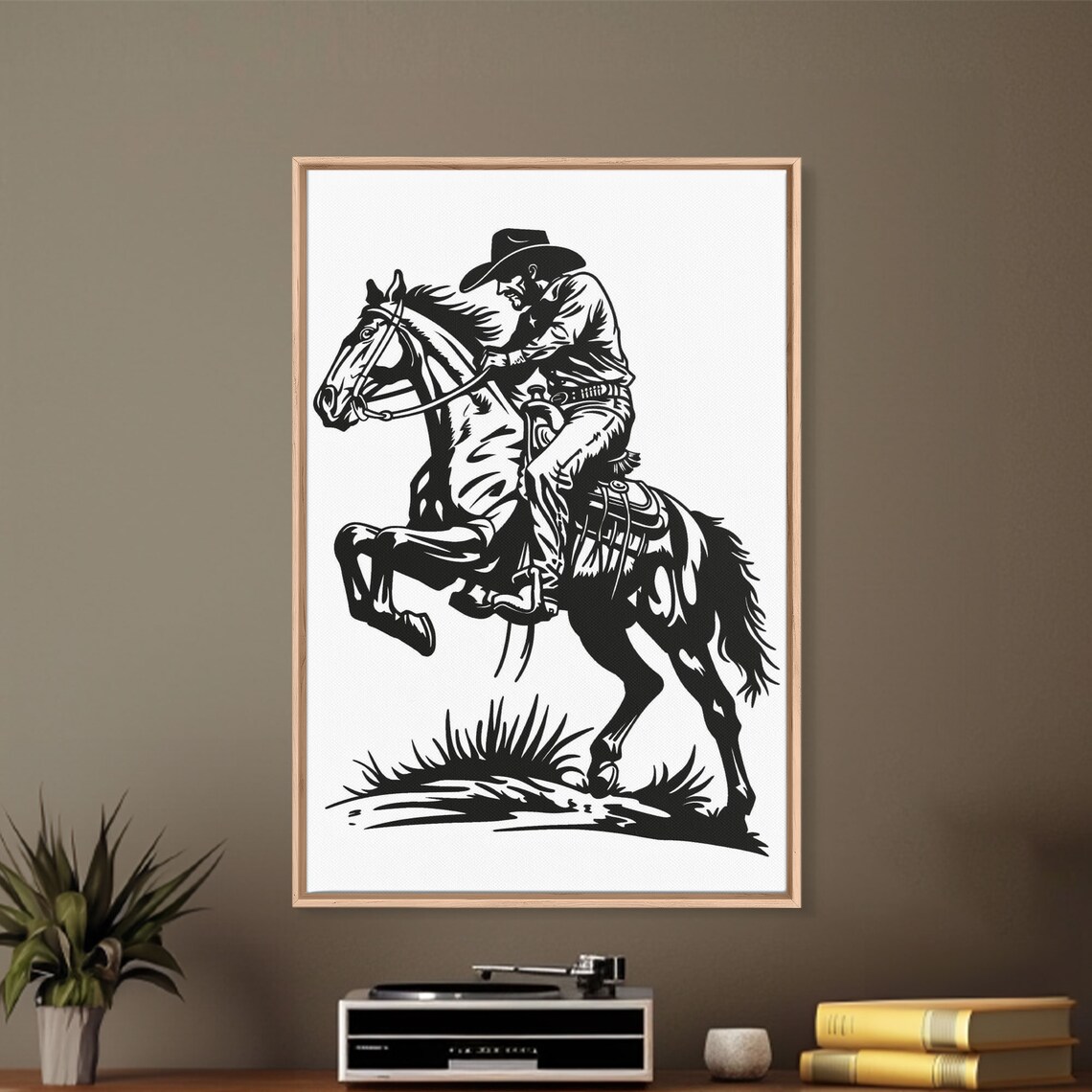 Classic Cowboy Riding Horse With Reins Black White Line Art Poster - Image 5