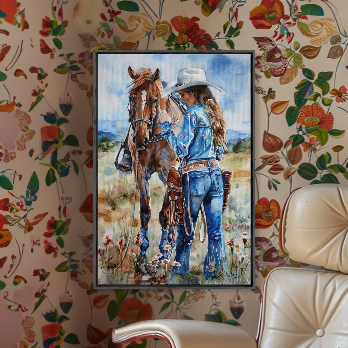 Cowgirl Standing Beside Horse In Wildflower Field Art Poster - Image 2