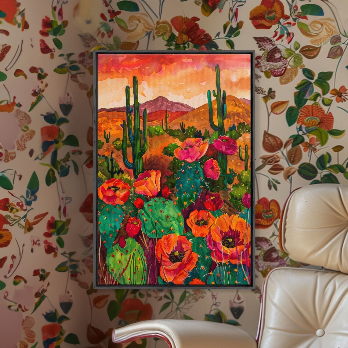 Southwest Desert Landscape With Cacti And Flowers Art Print - Image 5