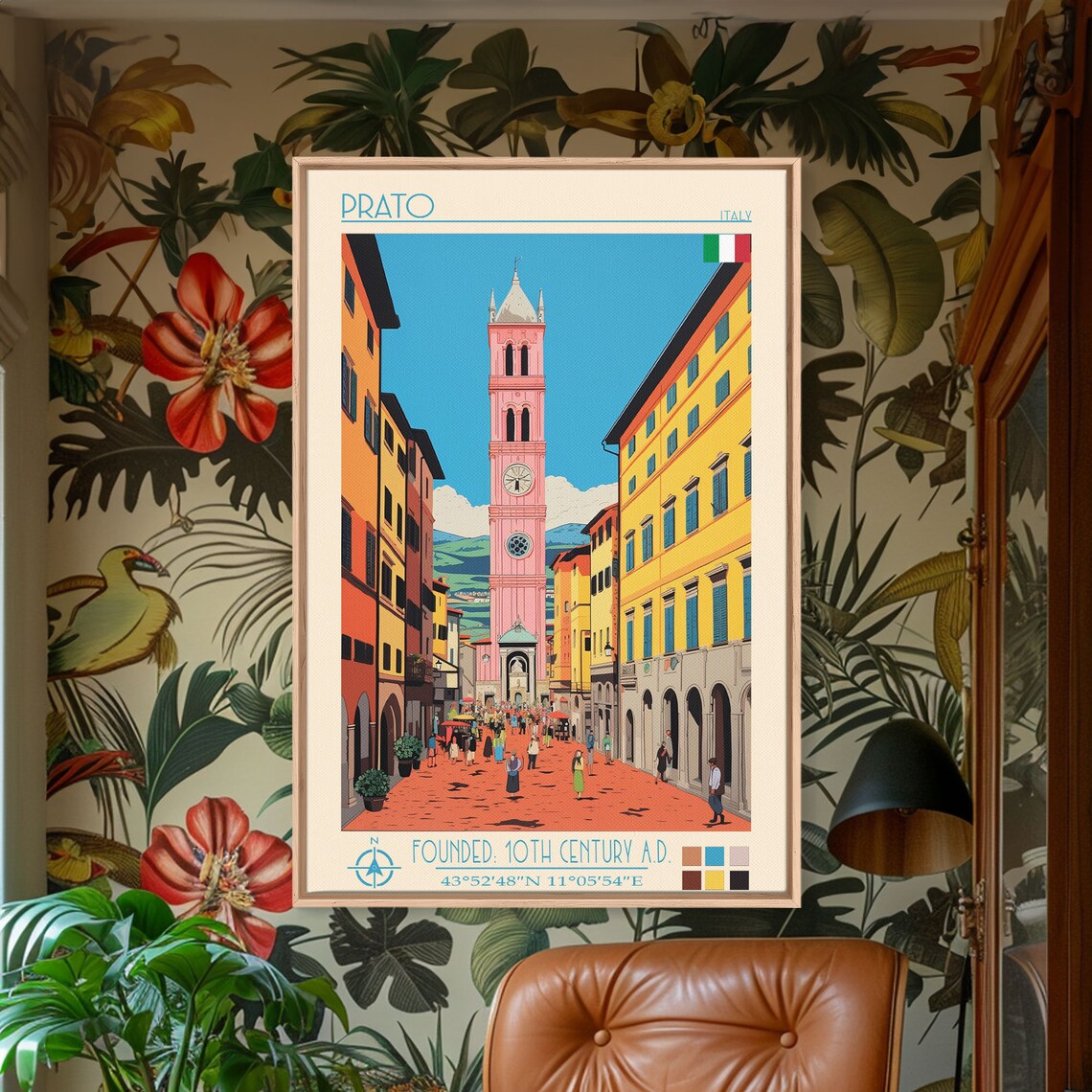 Prato Italy Bustling Street Pink Clock Tower View Travel Poster - Image 5