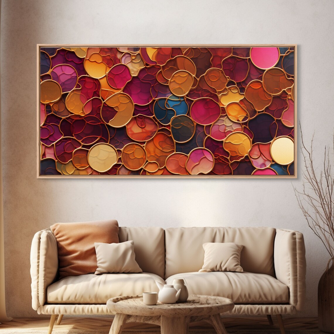 Warm Abstract Mosaic Glowing Circles Copper Outlines Red Gold Modern Wall Art Poster - Image 5