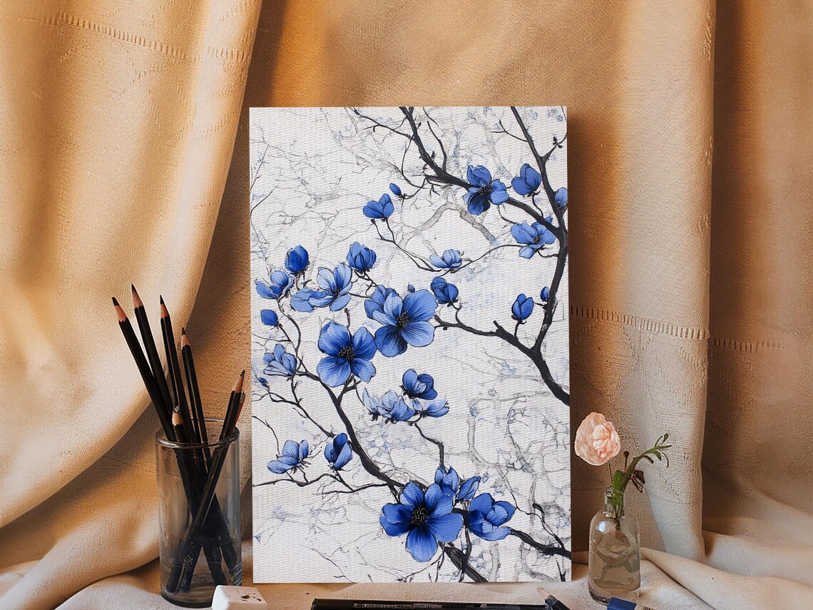 Blue Blossom Branches Wabi Sabi Japanese Floral Ink Marble Art Poster - Image 6