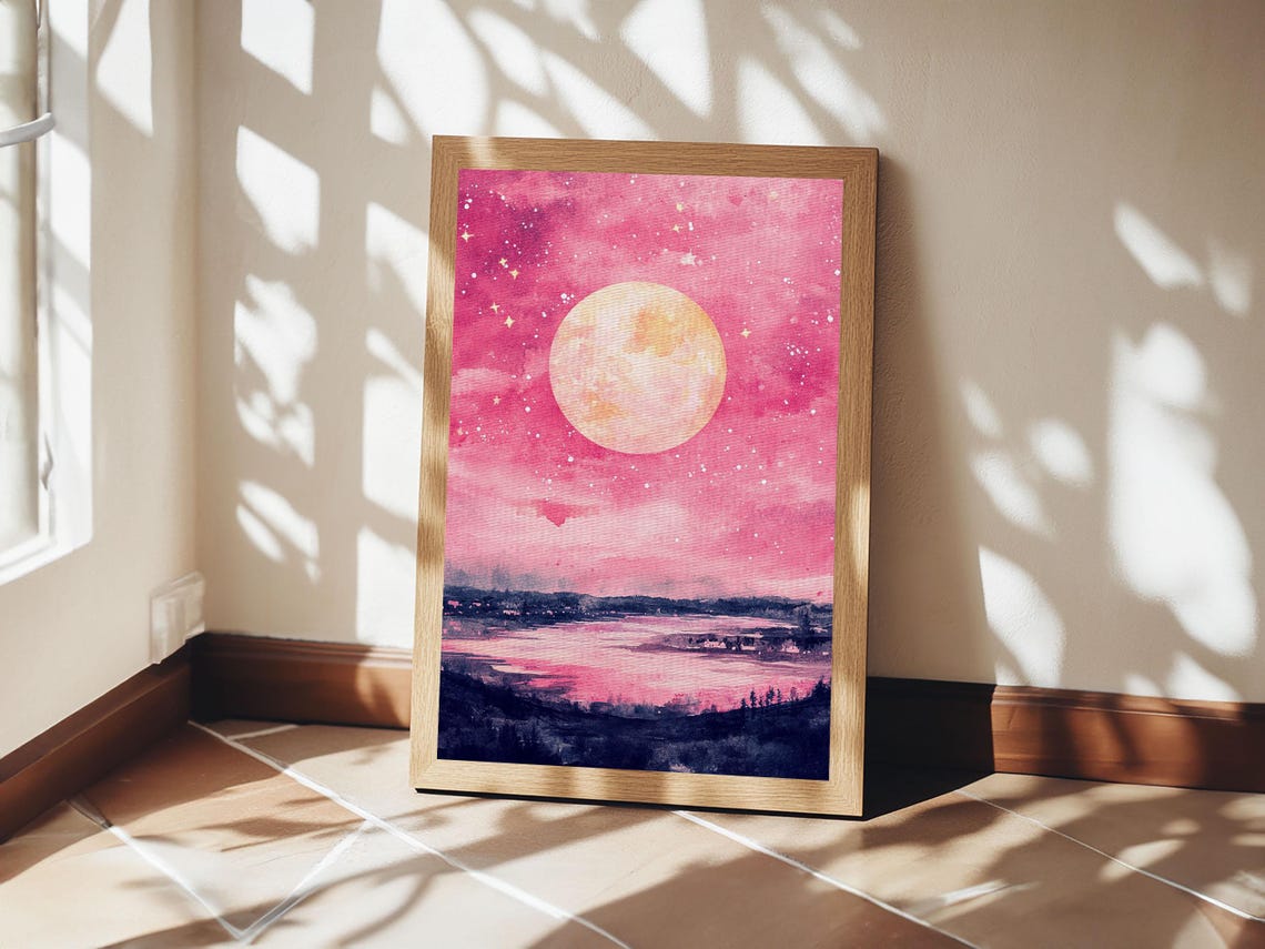 Pink Moonlit Night Lake Starry Sky Dreamy Watercolor Landscape Print - Image 5