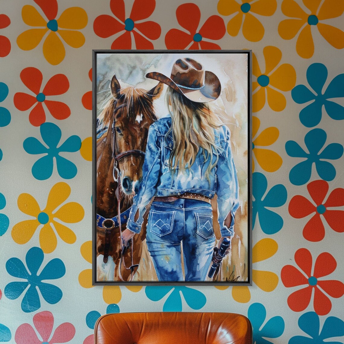 Cowgirl In Denim With Horse Watercolor Western Ranch Life Poster - Image 3