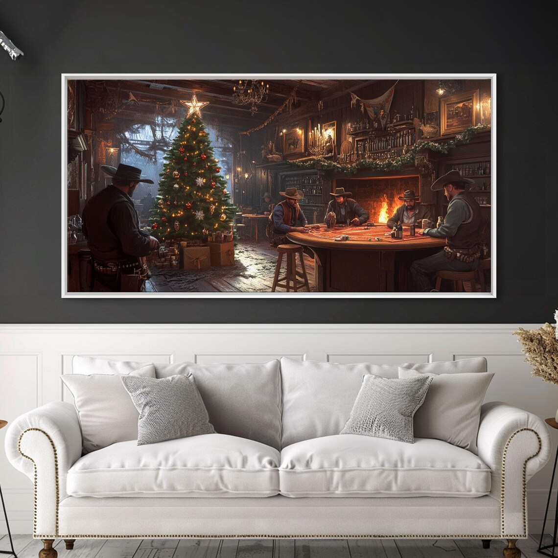 Western Saloon Christmas Cowboys Tree Fireplace Rustic Holiday Poster