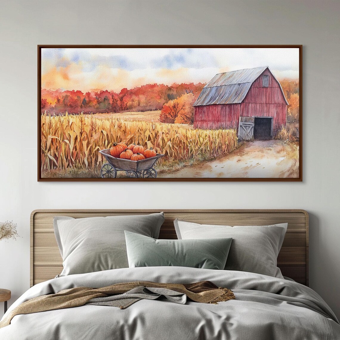 Red Barn Pumpkin Wheelbarrow Golden Cornfield Autumn Landscape Art Print - Image 2