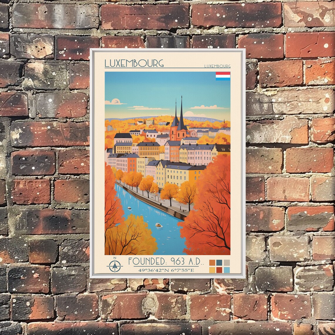Luxembourg City Autumn River Old Town Golden Trees Travel Poster