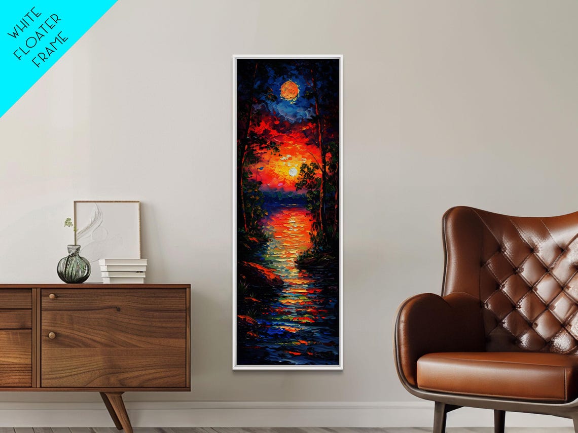 Fiery Sunset And Full Moon Over Dark Water Impasto Lake Night Poster - Image 3