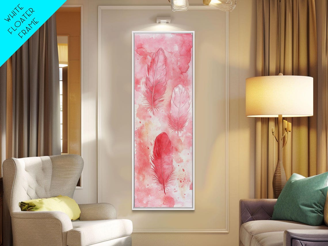 Three Pink Watercolor Feathers Minimalist Vertical Botanical Wall Art