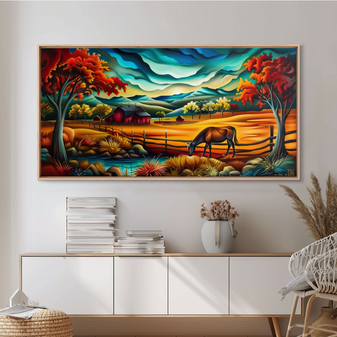 Grazing Horse By Pond Autumn Farm Red Barns Colorful Folk Art Poster - Image 2