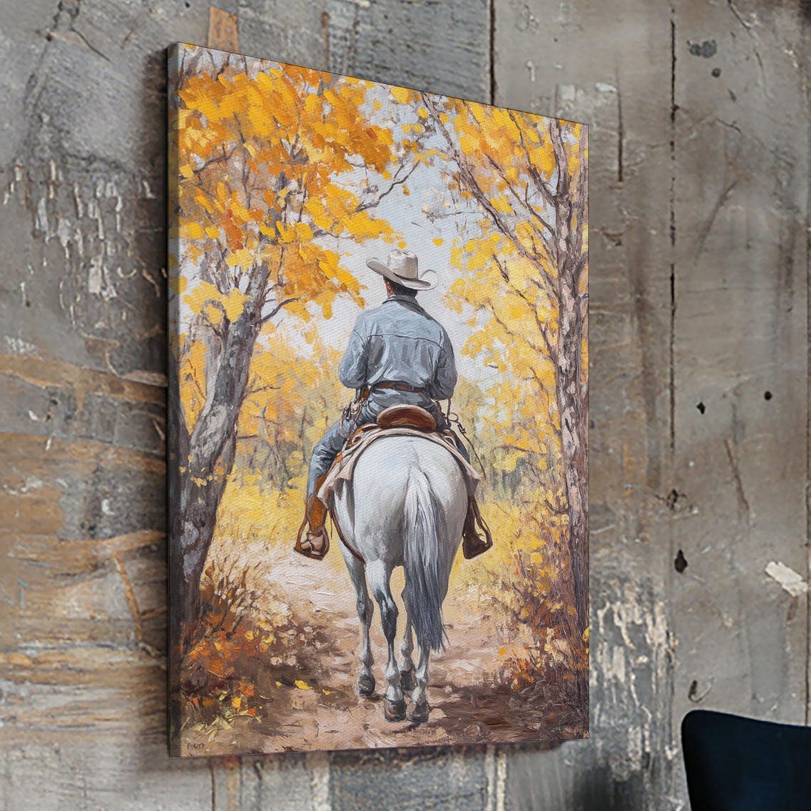 Cowboy Riding White Horse Golden Autumn Trees Tunnel Fall Poster - Image 4