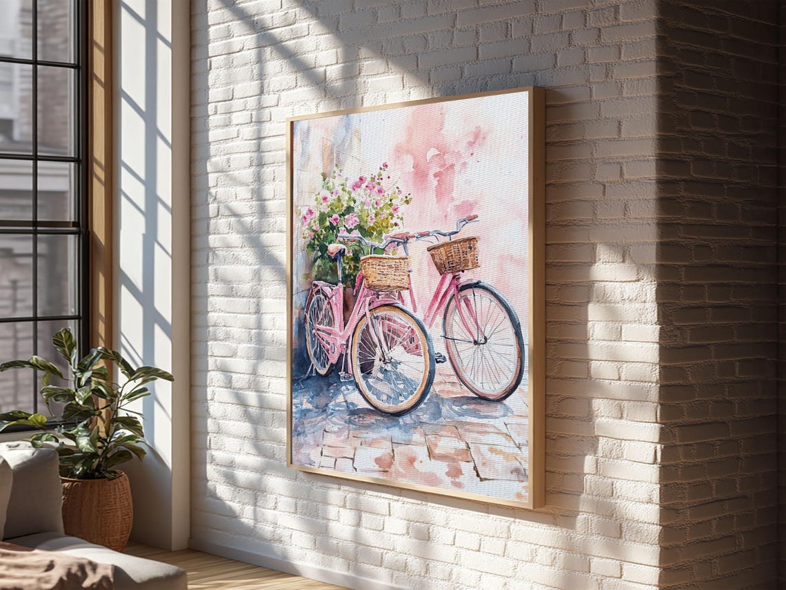 Two Pink Bicycles With Flower Baskets Watercolor Wall Art Print - Image 2