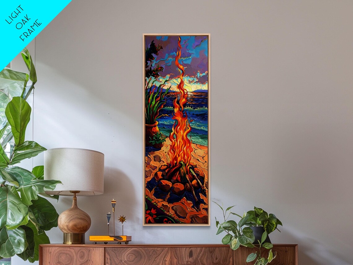 Beach Campfire At Sunset With Tall Flames Over Ocean Impasto Art Poster - Image 2