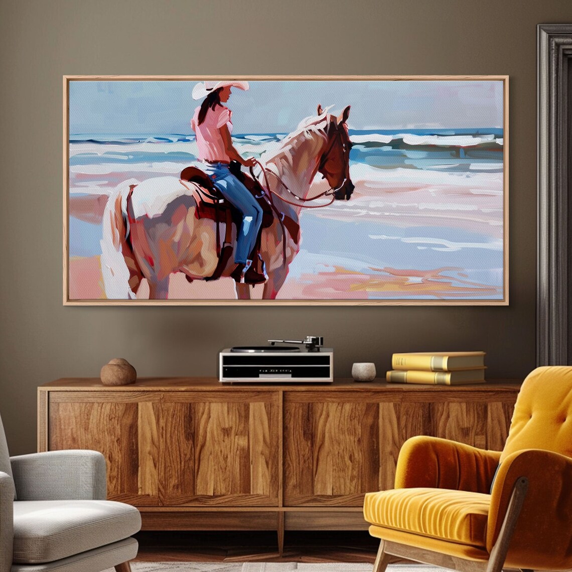 Cowgirl On Pinto Horse Beach Ride Waves Pink Shirt Western Coastal Art