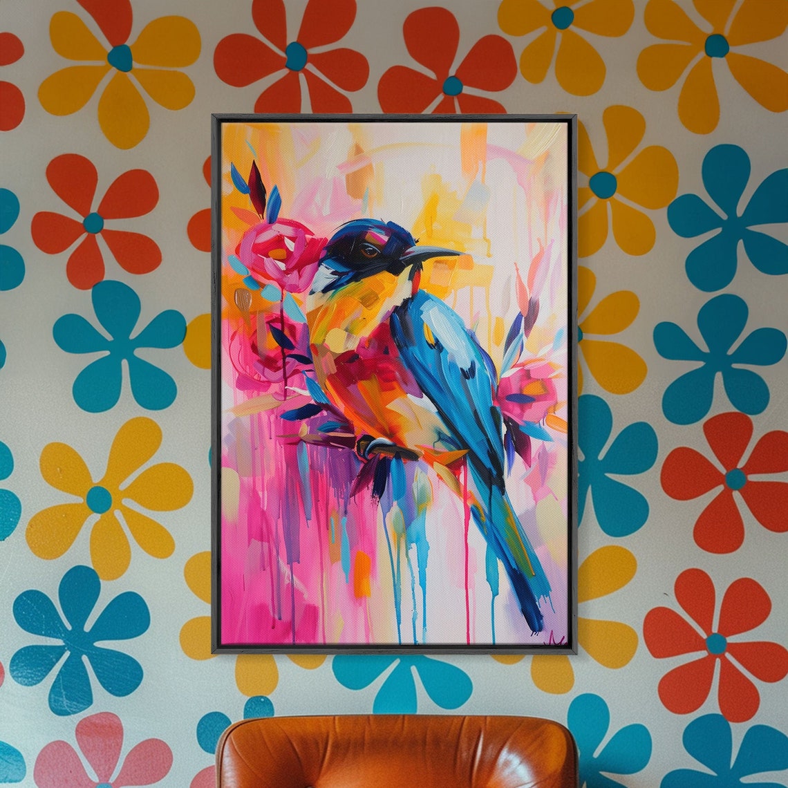 Colorful Bird And Flowers Pop Art In Pink Blue And Yellow Poster - Image 2