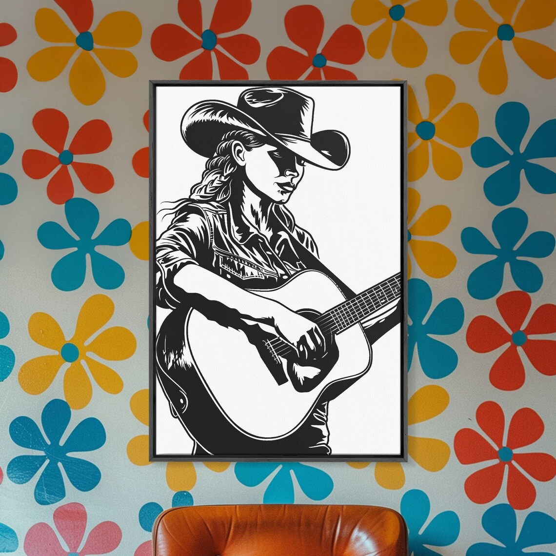 Cowgirl Playing Guitar Black White Bold Country Music Art Poster - Image 4