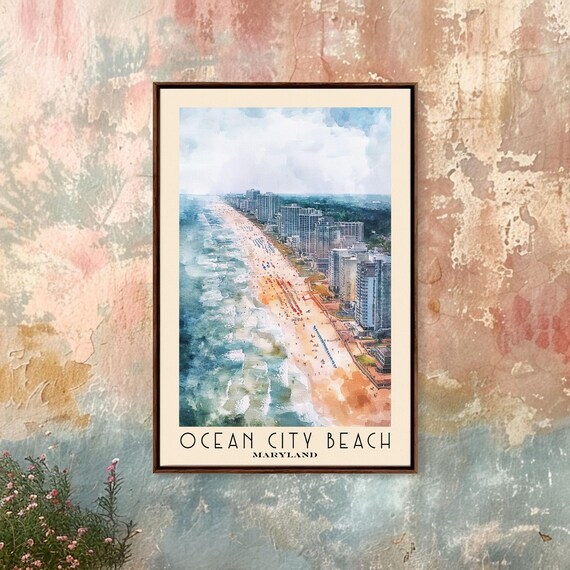 Ocean City Beach Maryland Aerial Skyline Shoreline Watercolor Poster