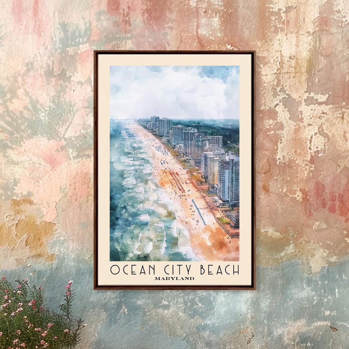 Ocean City Beach Maryland Aerial Skyline Shoreline Watercolor Poster