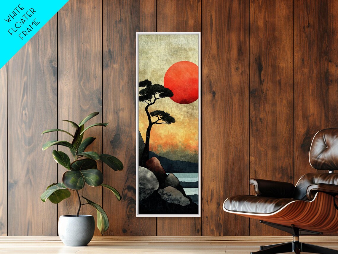 Japanese Red Sun Sunset Pine Tree Rocky Coast Watercolor Poster - Image 6