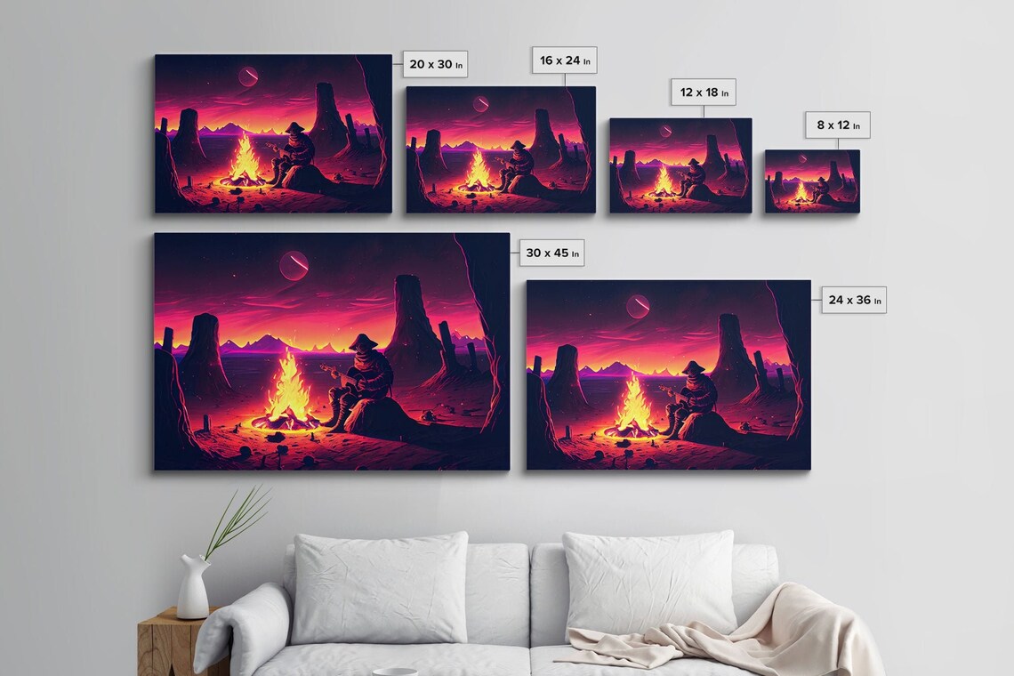 Valley Canyon Man Campfire Guitar Landscape Magenta Fine Art Print Wall Art Print Wall Poster Wall Dcor - Image 2