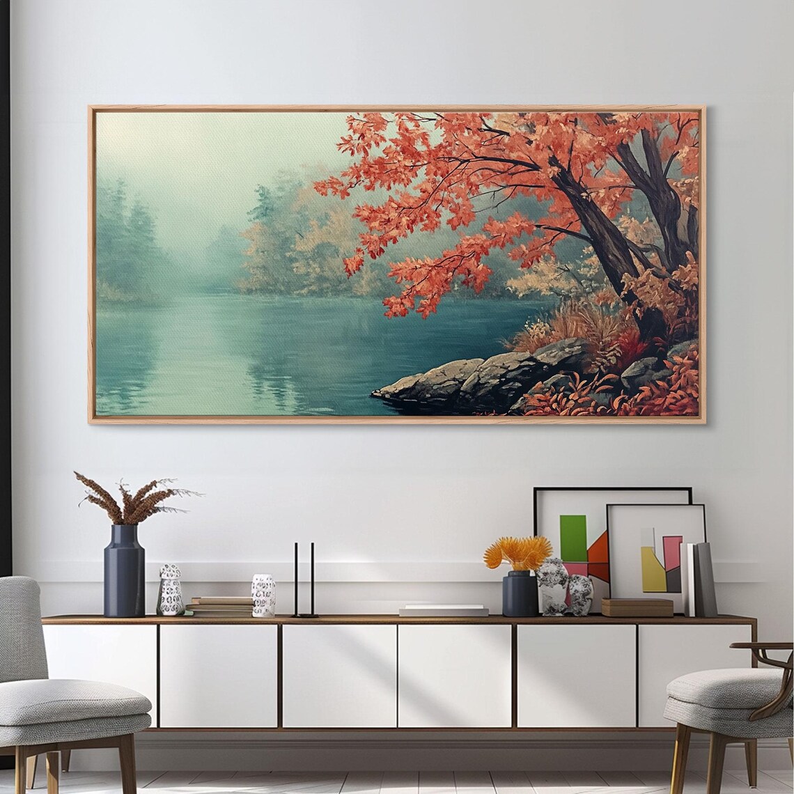 Misty Autumn Lake With A Red Maple Tree On The Rocky Shore Poster