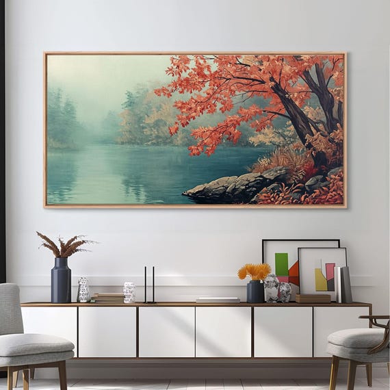 Fall On The Lake Watercolor Landscape Painting Framed Print Retro Holiday Decor Wall Art With Nostalgic Vibe