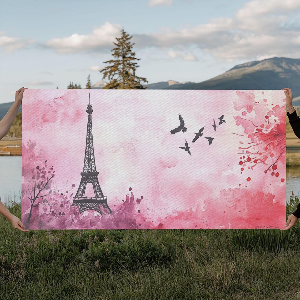 Eiffel Tower And Birds Pink Watercolor Paris Skyline Romantic Poster - Image 6
