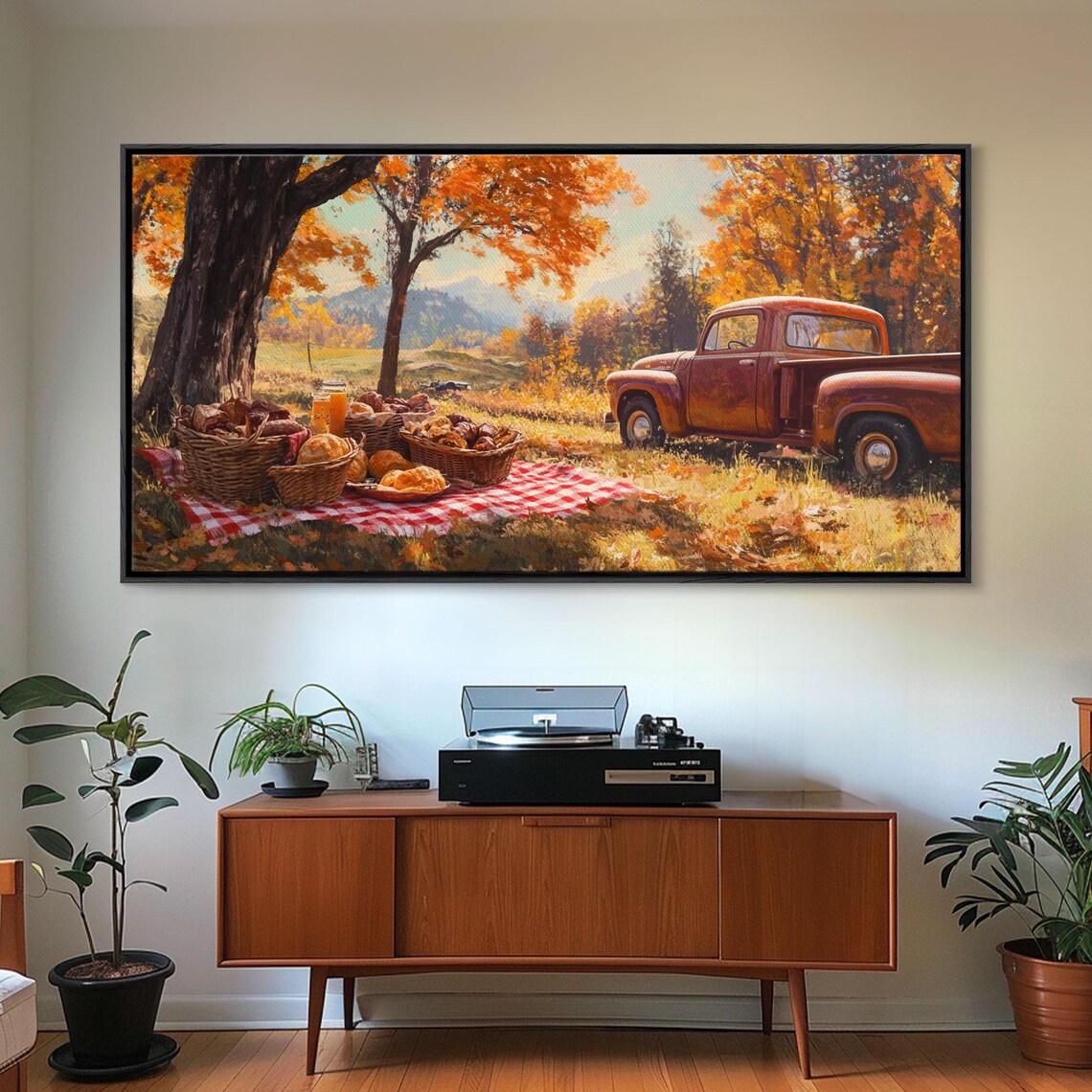 Fall Harvest Picnic With A Vintage Red Pickup Truck Art Print - Image 4