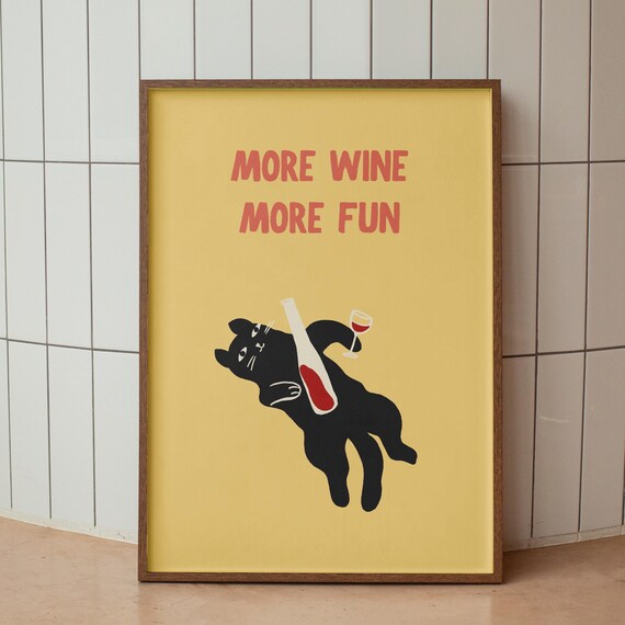 More Wine More Fun Yellow Quote Black Cat Wine Lover Funny Poster