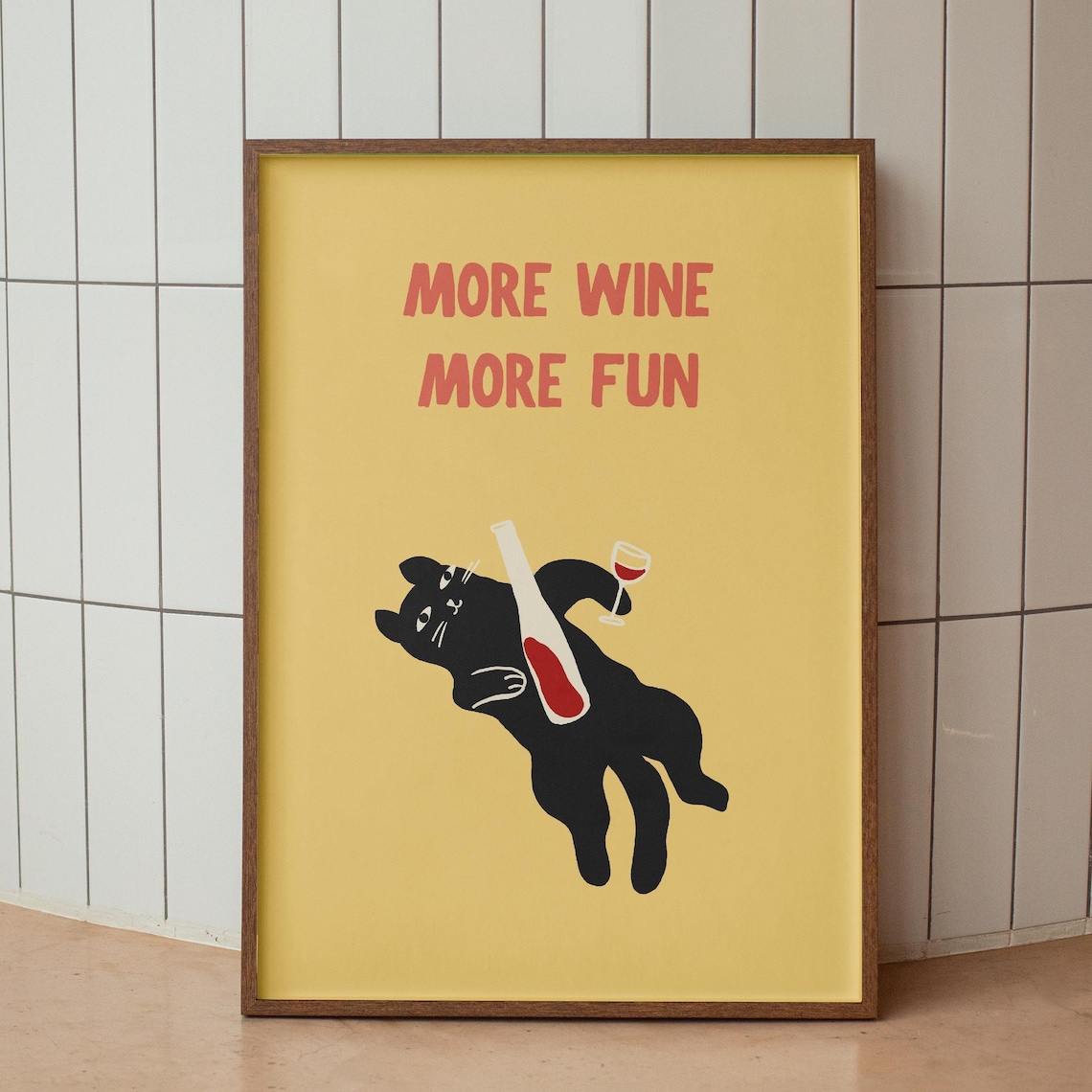 More Wine More Fun Yellow Quote Black Cat Wine Lover Funny Poster