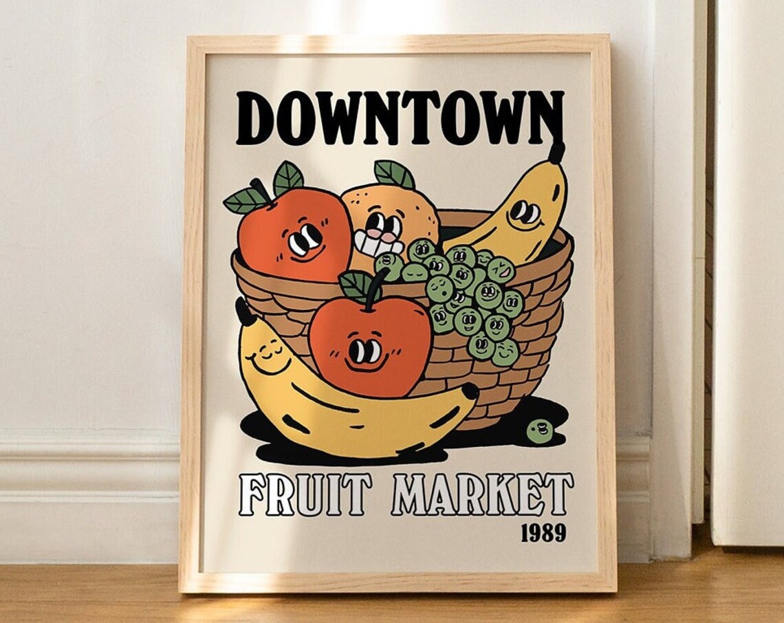 Downtown Fruit Market 1989 Smiling Fruit Basket Vintage Art Print
