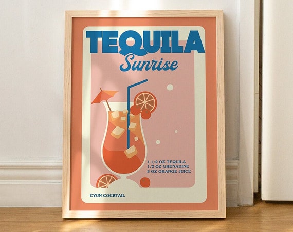 Tequila Sunrise Print Retro Bar Art Signature Cocktail Recipe Alcohol Kitchen Bar Print Poster