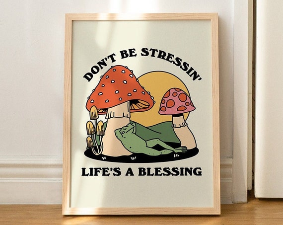 Groovy Frog 70s Print Cute Frog Poster Retro Mushroom Trendy Large Art Colorful Retro Prints