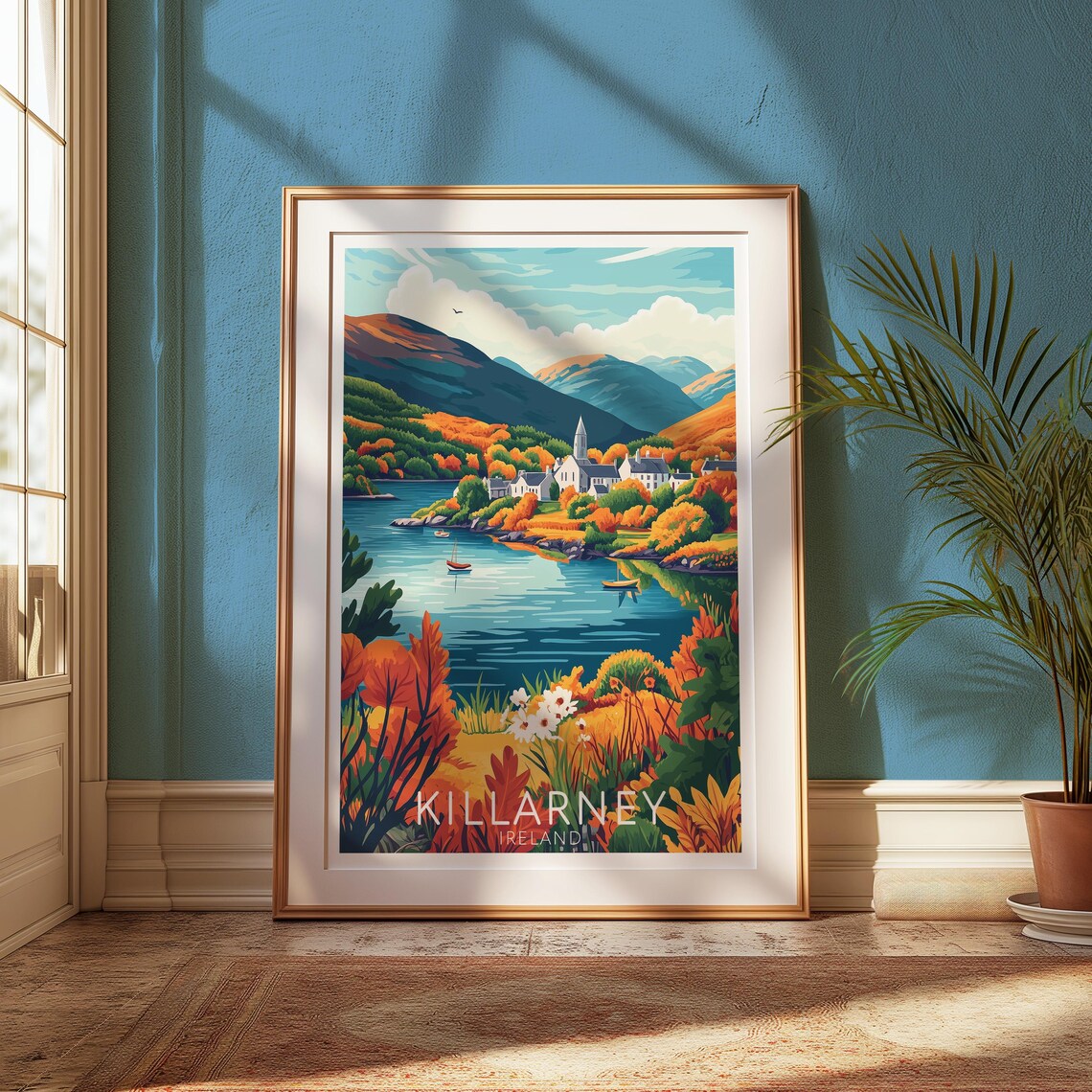 Killarney Ireland Autumn Lakeside Village Boats Travel Poster