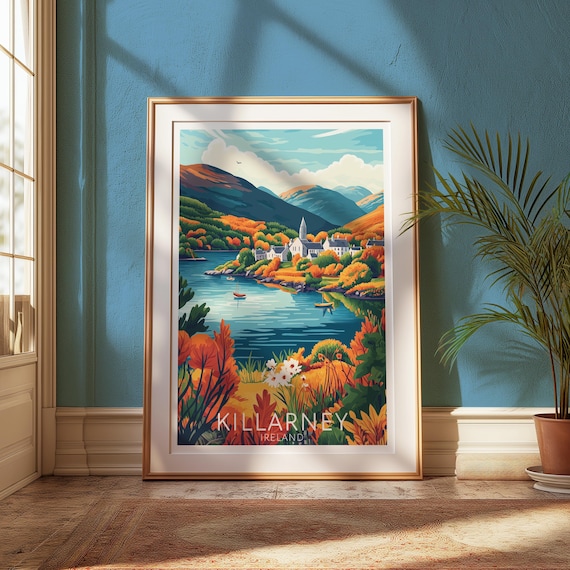 Killarney Ireland Autumn Lakeside Village Boats Travel Poster