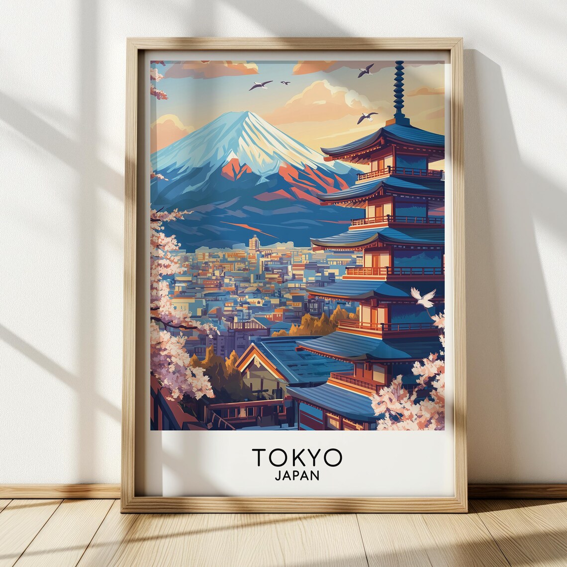 Tokyo Cherry Blossom Travel Poster, Shinto Temple