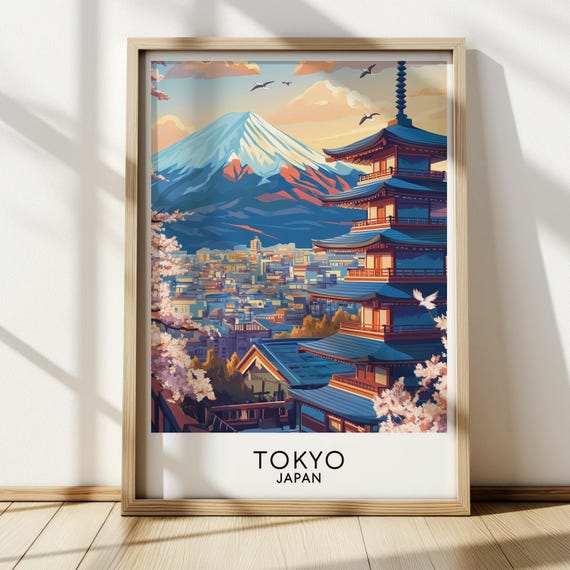 Tokyo Cherry Blossom Travel Poster, Shinto Temple