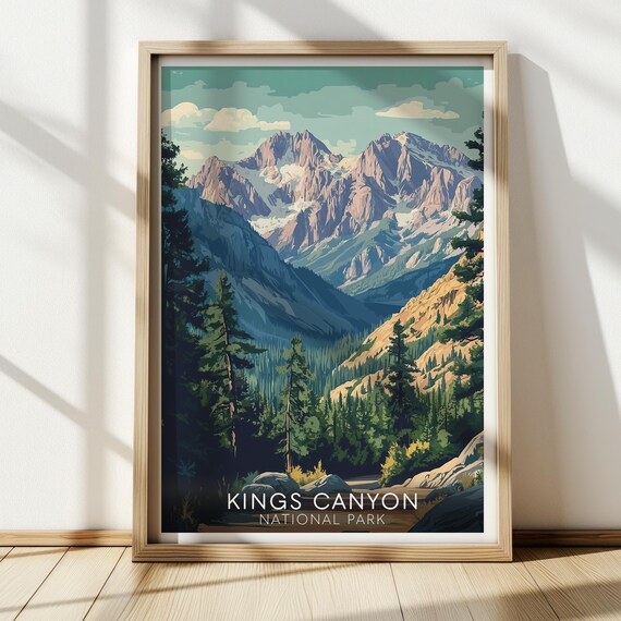 Kings Canyon National Park Vintage Mountain Valley Scenic Travel Poster