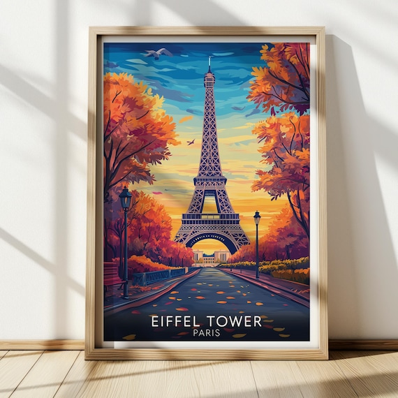 Eiffel Tower Paris Autumn Sunset Golden Travel Illustration Poster