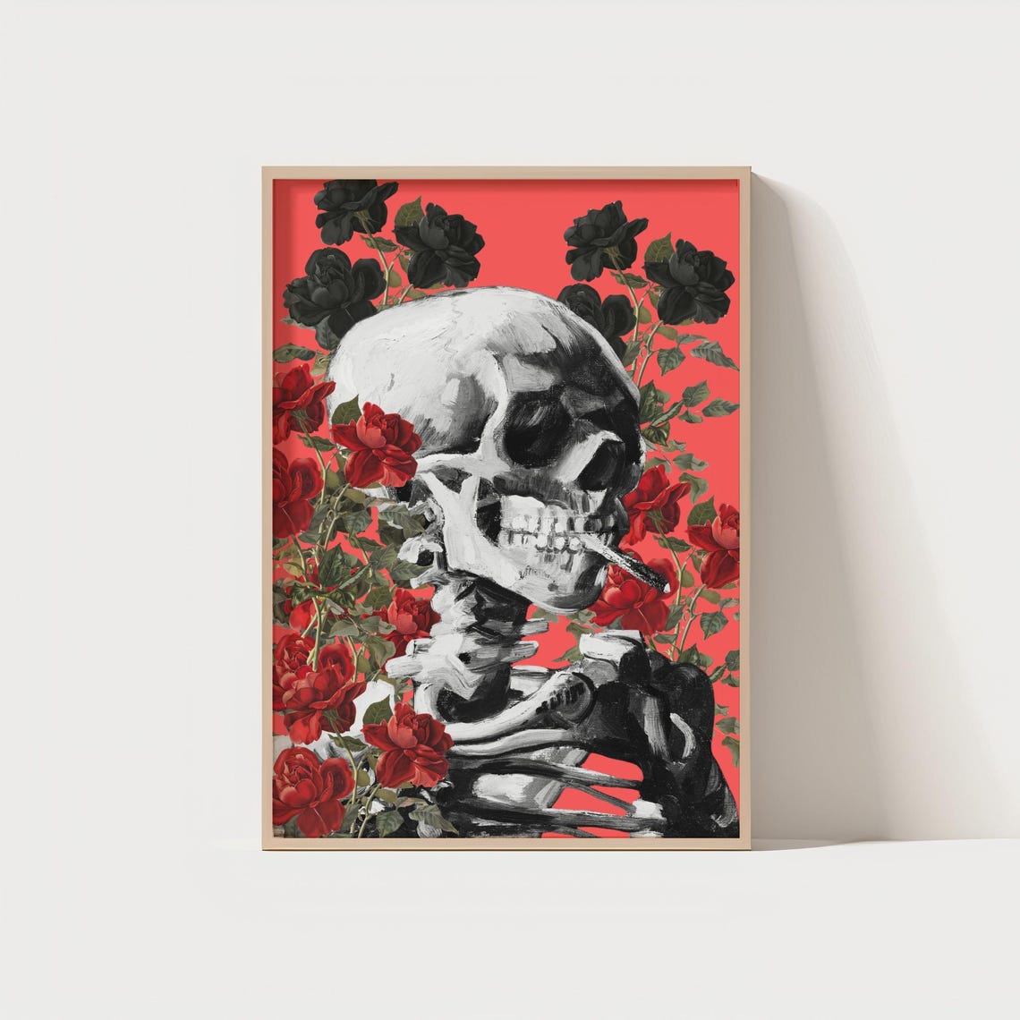 Skull With Roses Art Print Tattoo Style Skeleton Poster Gothic Floral Wall Decor Old School 300 Dpi
